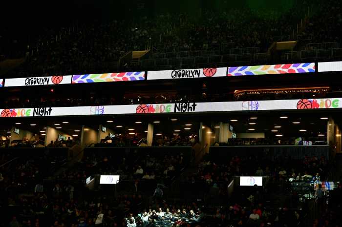 Digital displays highlight Pride Night during the Nets-Mavericks game on Feb. 24.