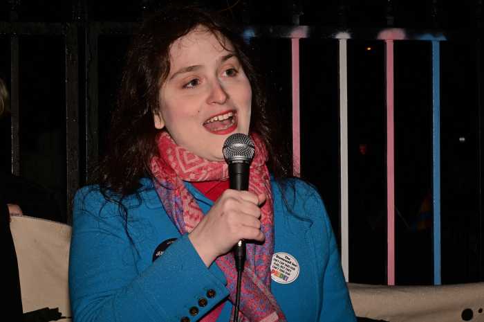 Rabbi Abby Stein delivers remarks on Feb. 18.