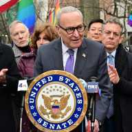 Senate Minority Leader Chuck Schumer leads a press conference at the Stonewall National Monument on Feb. 15.