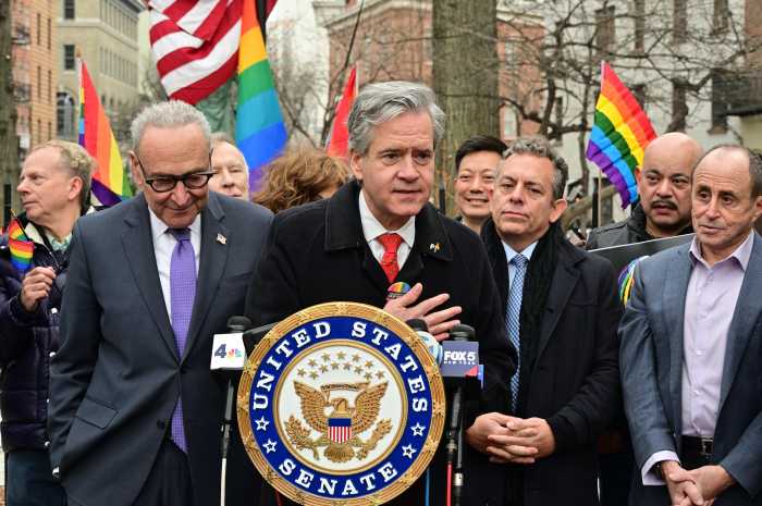 Manhattan Borough President Brad Hoylman-Sigal delivers remarks at the Stonewall National Monument on Feb. 15.