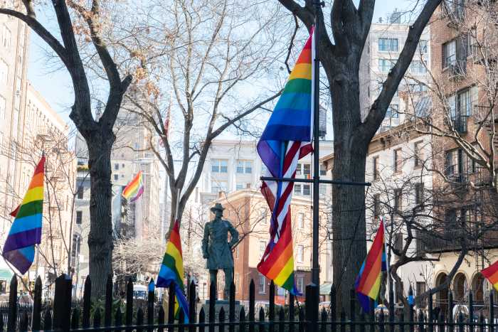 The Rainbow Flag and American Flag at the Stonewall National Monument on Feb. 13.