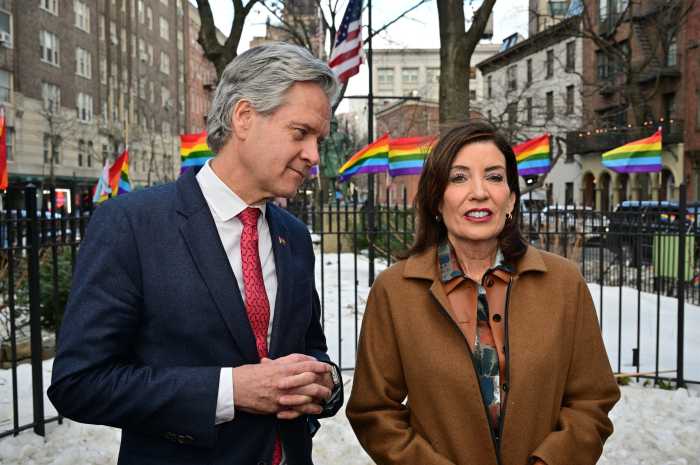 Manhattan Borough President Brad Hoylman-Sigal and Gov. Kathy Hochul visit Christopher Park on Feb. 11.