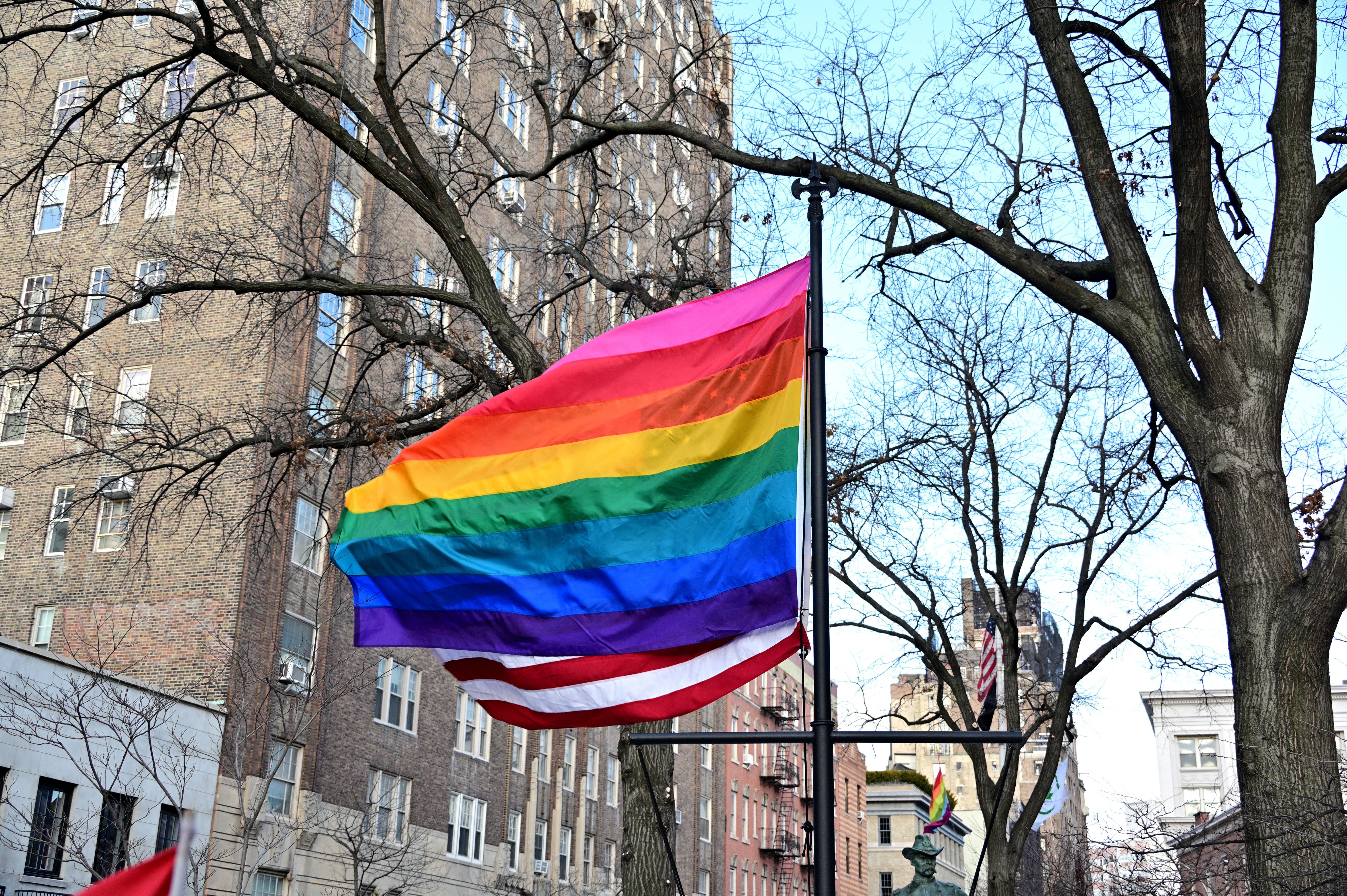 The Rainbow Flag stands tall at the Stonewall National Monument.