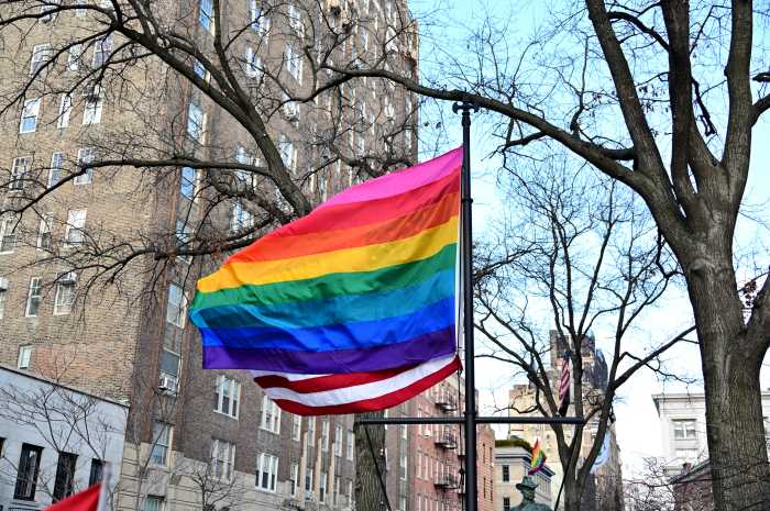 The Rainbow Flag stands tall at the Stonewall National Monument.