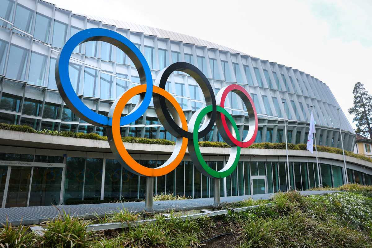 Olympic rings are pictured outside the International Olympic Committee (IOC) during an Executive Board meeting at the Olympic House in Lausanne, Switzerland, March 26, 2026.