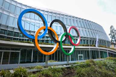 Olympic rings are pictured outside the International Olympic Committee (IOC) during an Executive Board meeting at the Olympic House in Lausanne, Switzerland, March 26, 2026.