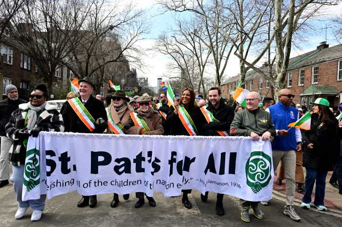 Marchers hold the lead banner at St. Pat's for All in Queens on March 1.
