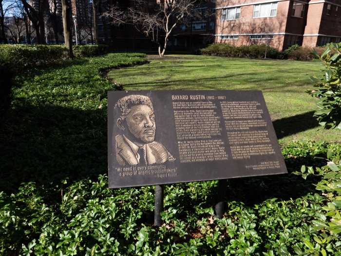A permanent plaque pays tribute to Rustin's legacy outside of his former home.