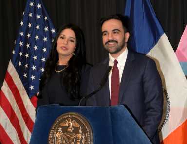 Mayor Zohran Mamdani delivers remarks alongside Taylor Brown, the director of the Mayor's Office of LGBTQIA+ Affairs, on March 13, 2026.