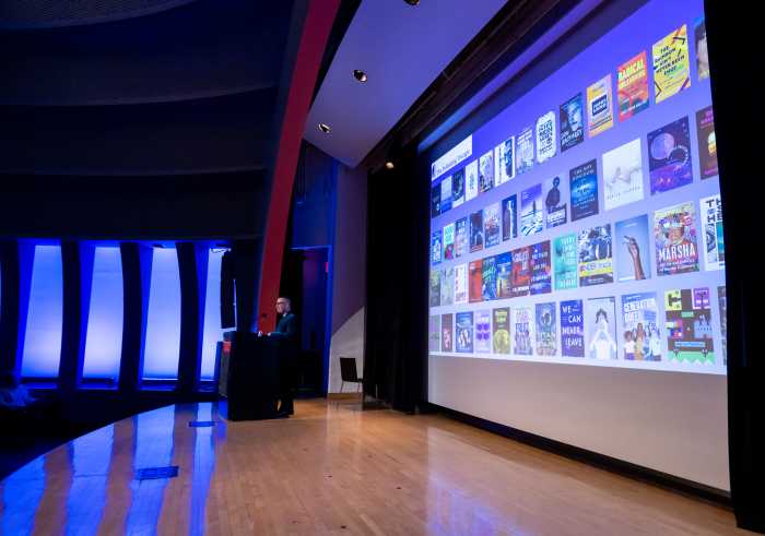 The stage at the Publishing Triangle’s 38th annual awards ceremony at the New School.