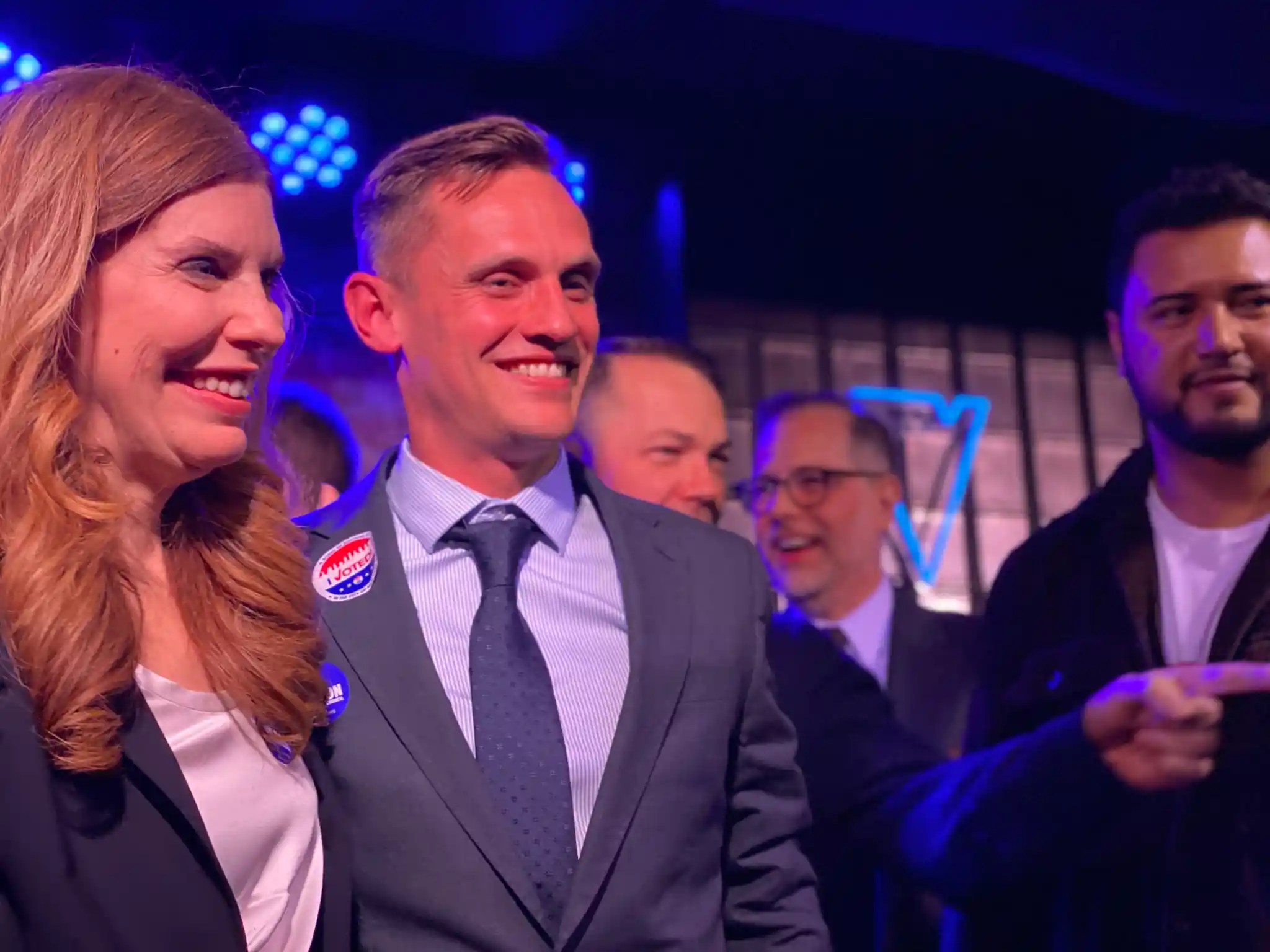 City Council Speaker Julie Menin joins Carl Wilson at his election night party at VERS bar in Hell’s Kitchen after he declared victory in the District 3 special election.