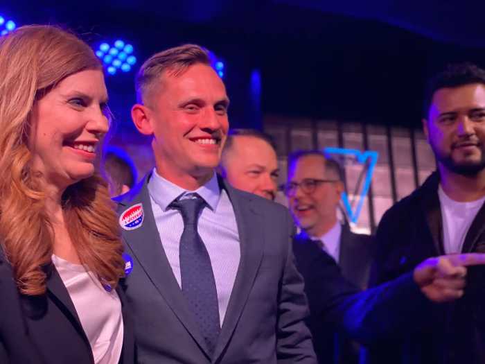 City Council Speaker Julie Menin joins Carl Wilson at his election night party at VERS bar in Hell’s Kitchen after he declared victory in the District 3 special election.