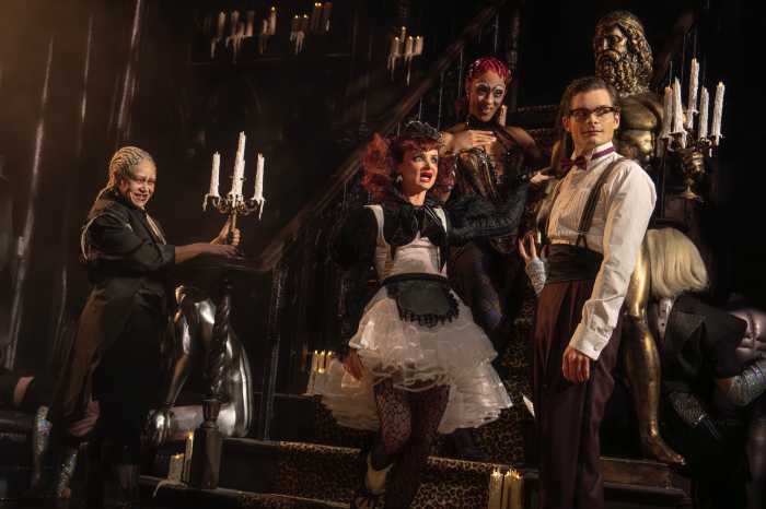 AmberGray (Riff Raff), Juliette Lewis(Magenta), Michaela Jaé Rodriguez (Columbia), and AndrewDurand (Brad) in "Rocky Horror."