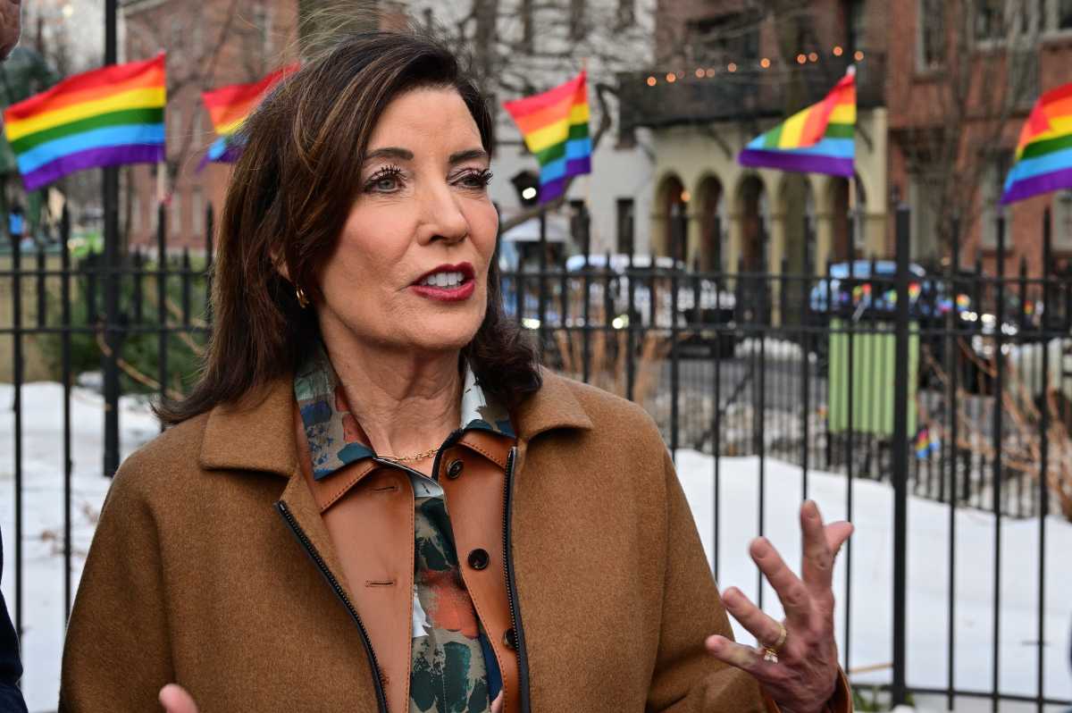 Gov. Kathy Hochul, seen here at the Stonewall National Monument in February, is facing calls to expand an HIV/AIDS housing assistance program in the state.