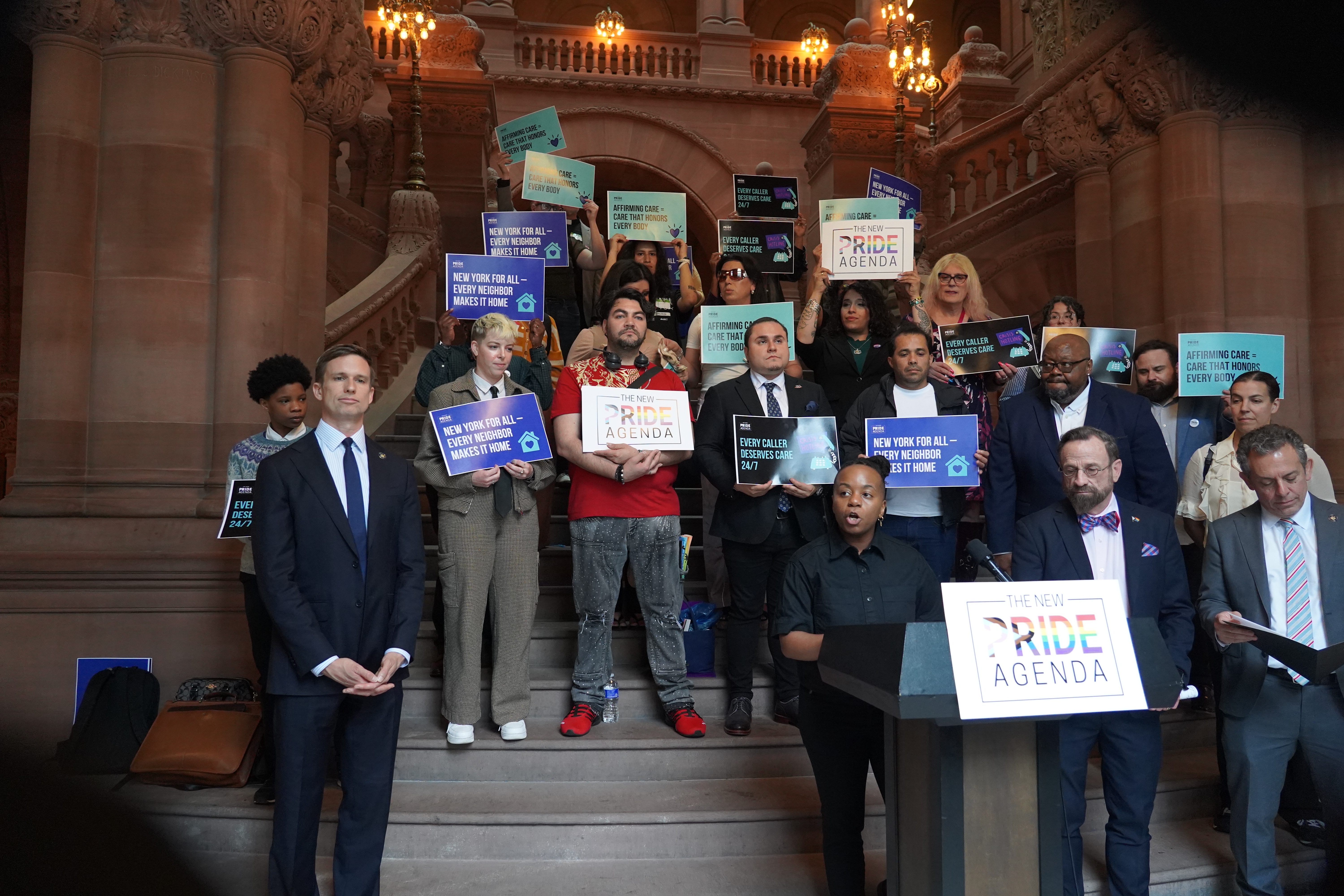 New Pride Agenda executive director Kei Williams delivers remars in the State Capitol on May 6, 2026.