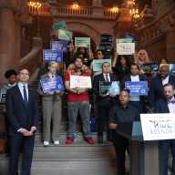 New Pride Agenda executive director Kei Williams delivers remars in the State Capitol on May 6, 2026.