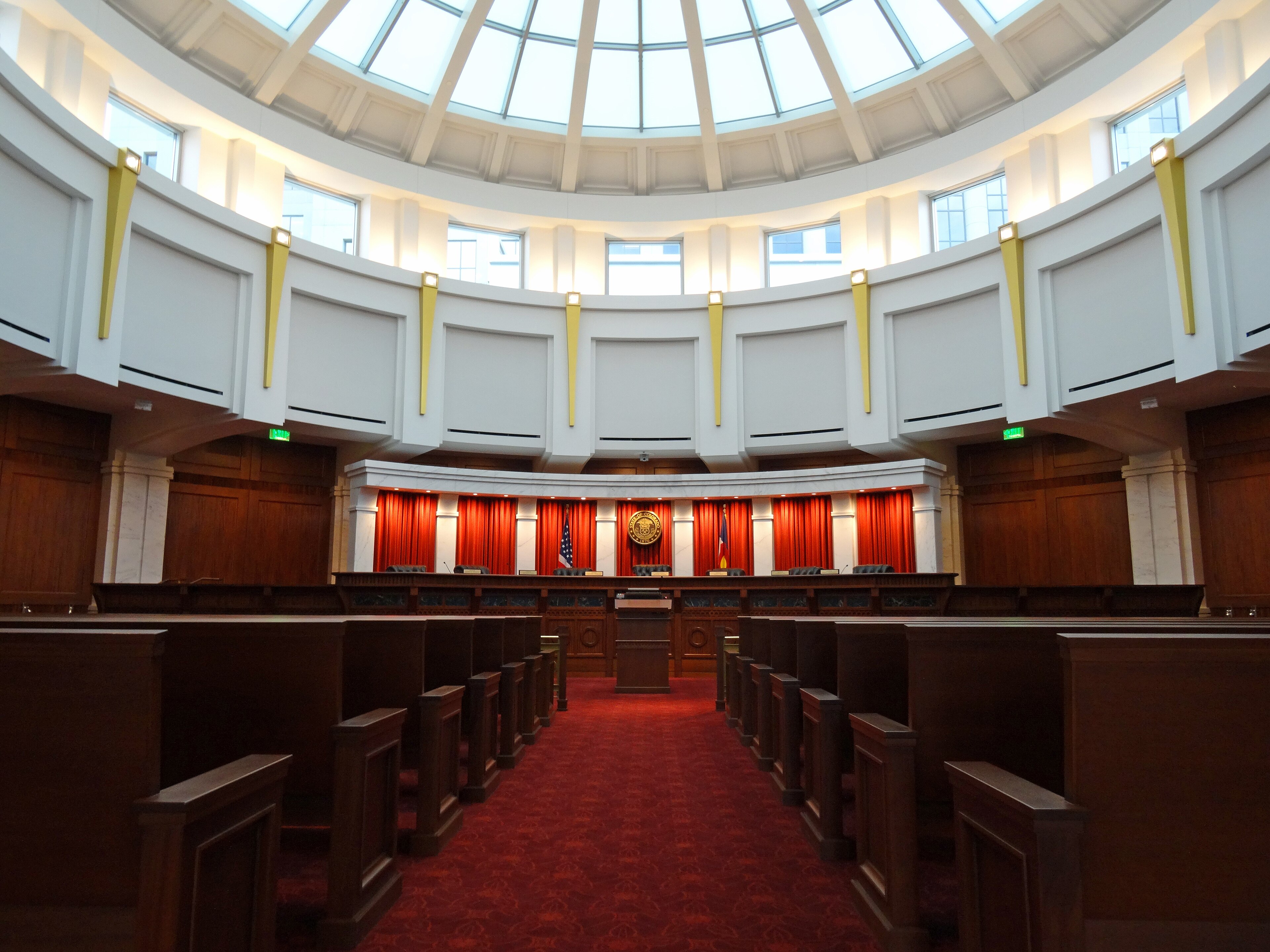 The Colorado Supreme Court's courtroom at the Ralph L. Carr Colorado Judicial Center.