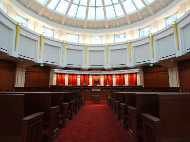 The Colorado Supreme Court's courtroom at the Ralph L. Carr Colorado Judicial Center.