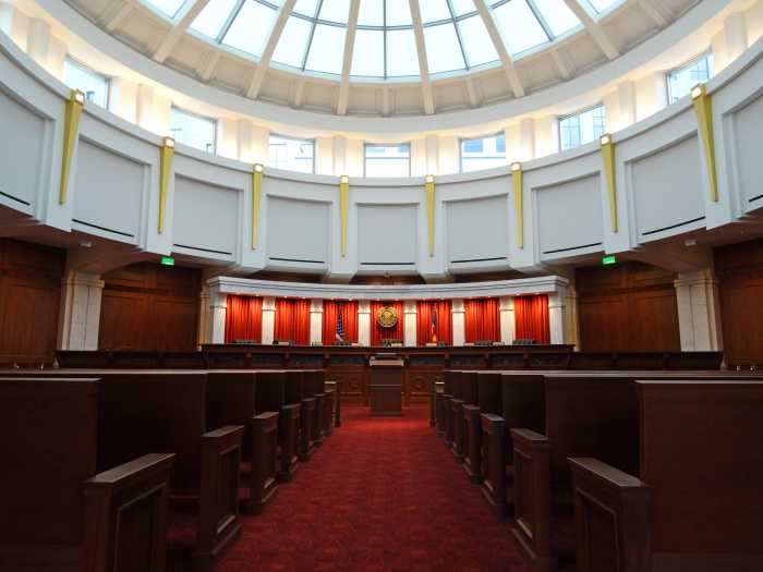 The Colorado Supreme Court's courtroom at the Ralph L. Carr Colorado Judicial Center.