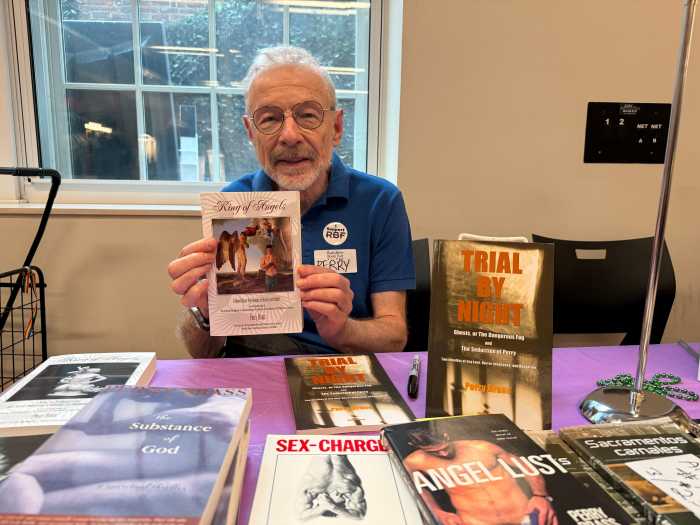 Perry Brass shows his book, "King of Angels."