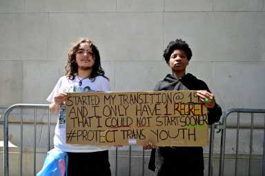 Advocates rally for gender-affirming care at Washington Square Park on May 16.