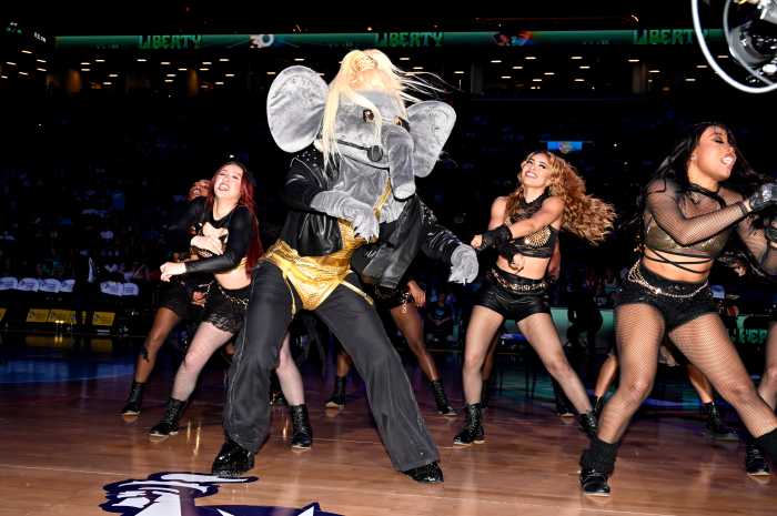 Liberty mascot Ellie the Elephant performs at the halftime show on Pride Night on May 31.