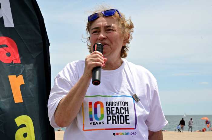Qaravan's Yelena Goltsman delivers remarks at the post-march rally on May 31.