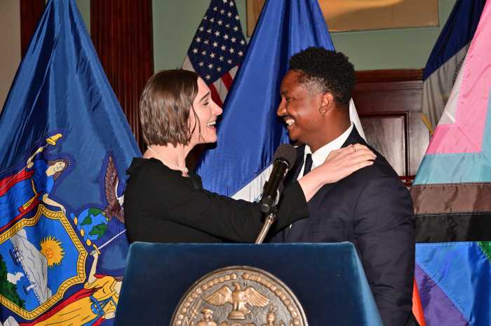 Honoree Hari Nef greets Councilmember Chi Ossé.