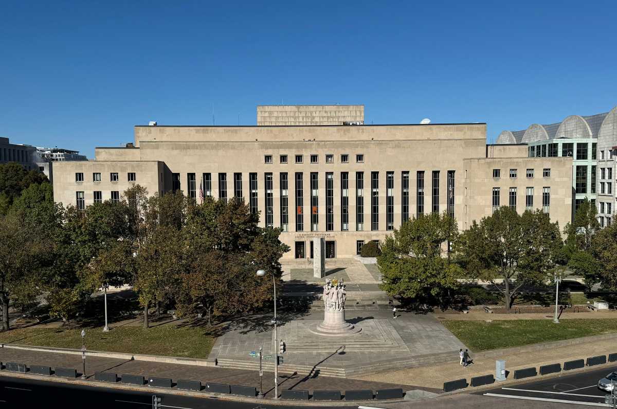 A view of E. Barrett Prettyman United States Courthouse, home to the U.S. Court of Appeals for the District of Columbia, as seen from the East Building of the National Gallery of Art.