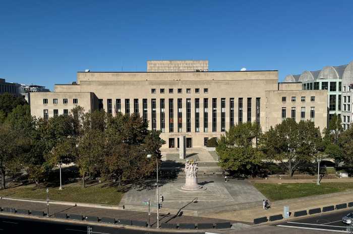 A view of E. Barrett Prettyman United States Courthouse, home to the U.S. Court of Appeals for the District of Columbia, as seen from the East Building of the National Gallery of Art.