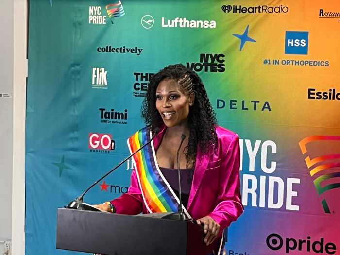 Peppermint, one of the 2026 NYC Pride grand marshals, speaks at the morning press conference on June 28.