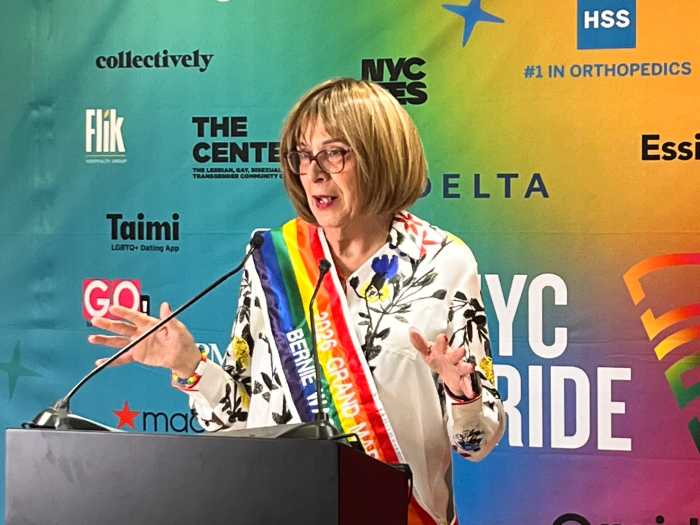 Bernie Wagenblast, a grand marshal and the voice of NYC subway, at the morning press conference on June 28.