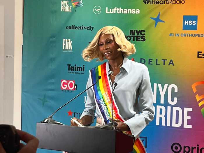 Dominique Jackson speaks during NYC Pride's press conference.