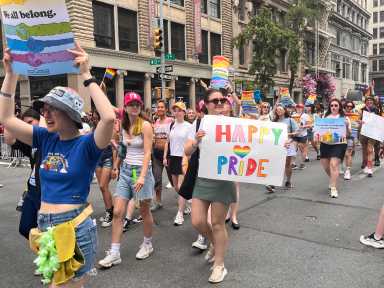 The NYC Pride March proceeds along Fifth Avenue on June 28, 2026.