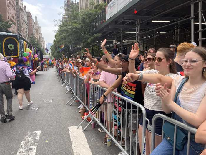 Crowds line Fifth Avenue during the 2026 NYC Pride March.