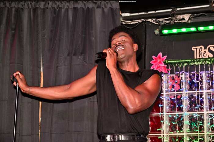 Actor and singer Bradley Gibson performs on stage.