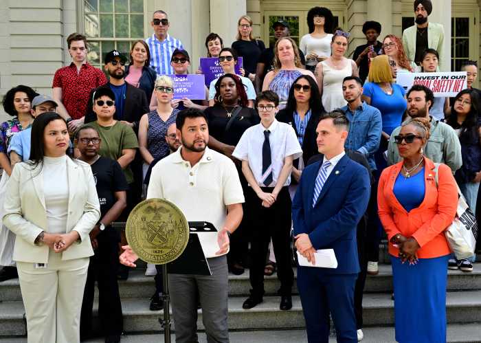 City Councilmember Justin Sanchez, the co-chair of the LGBTQIA+ Caucus, delivers remarks at City Hall on June 25, 2026.