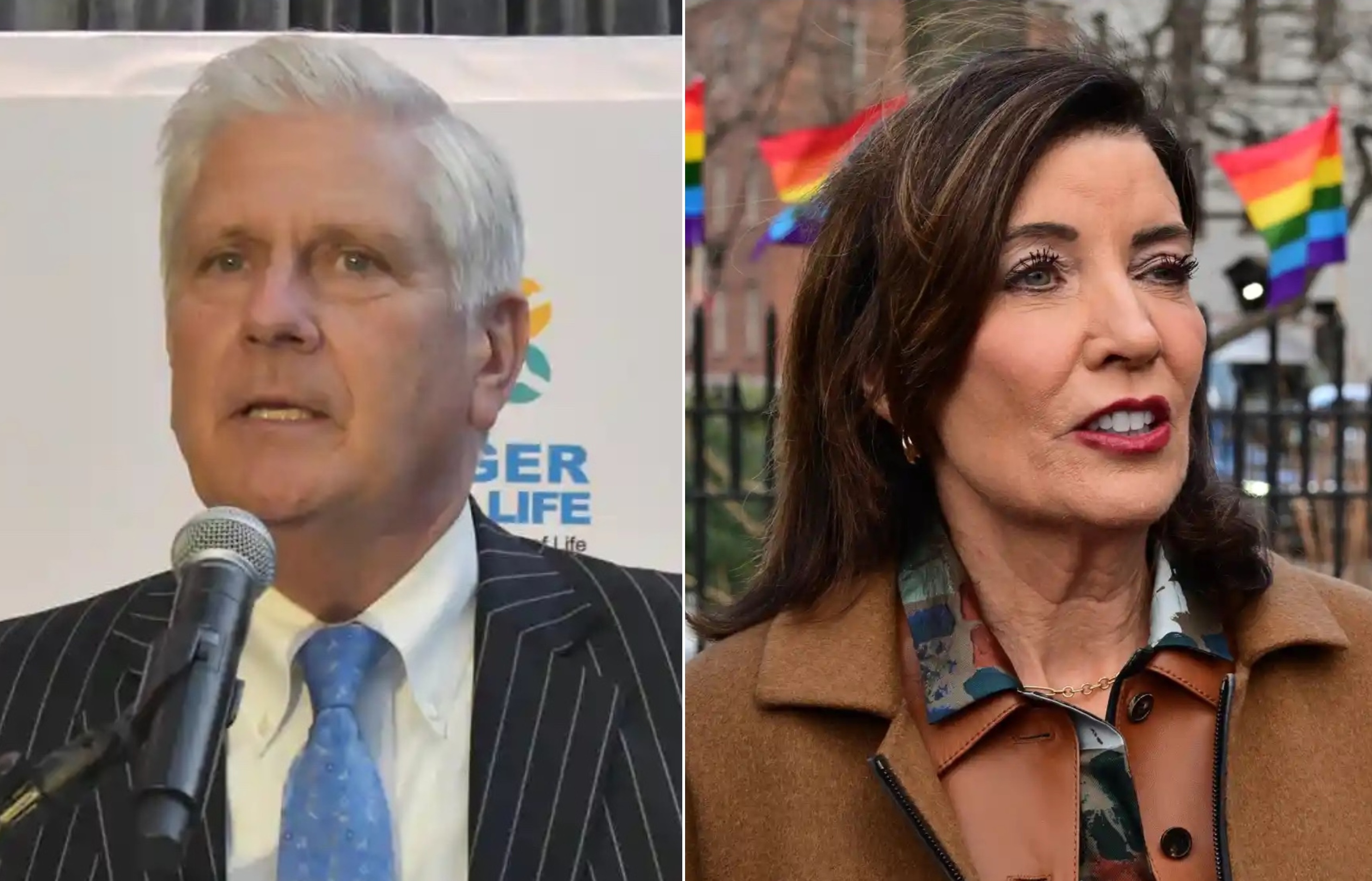Nassau County Executive Bruce Blakeman (left), who is running against Gov. Kathy Hochul (right), attacked the governor over the state's LGBTQ Long-Term Care Facility Residents’ Bill of Rights.