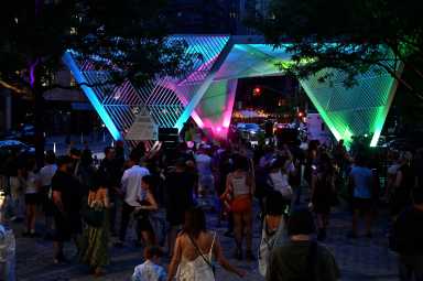 The NYC AIDS Memorial lights up in colors for Pride Month and the memorial's 10th anniversary.